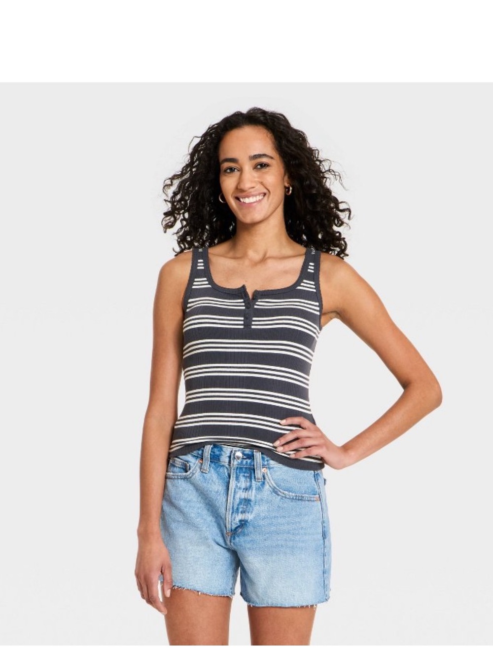 Striped Navy and White Ribbed Tank Top - Short Sleeve Henley Style